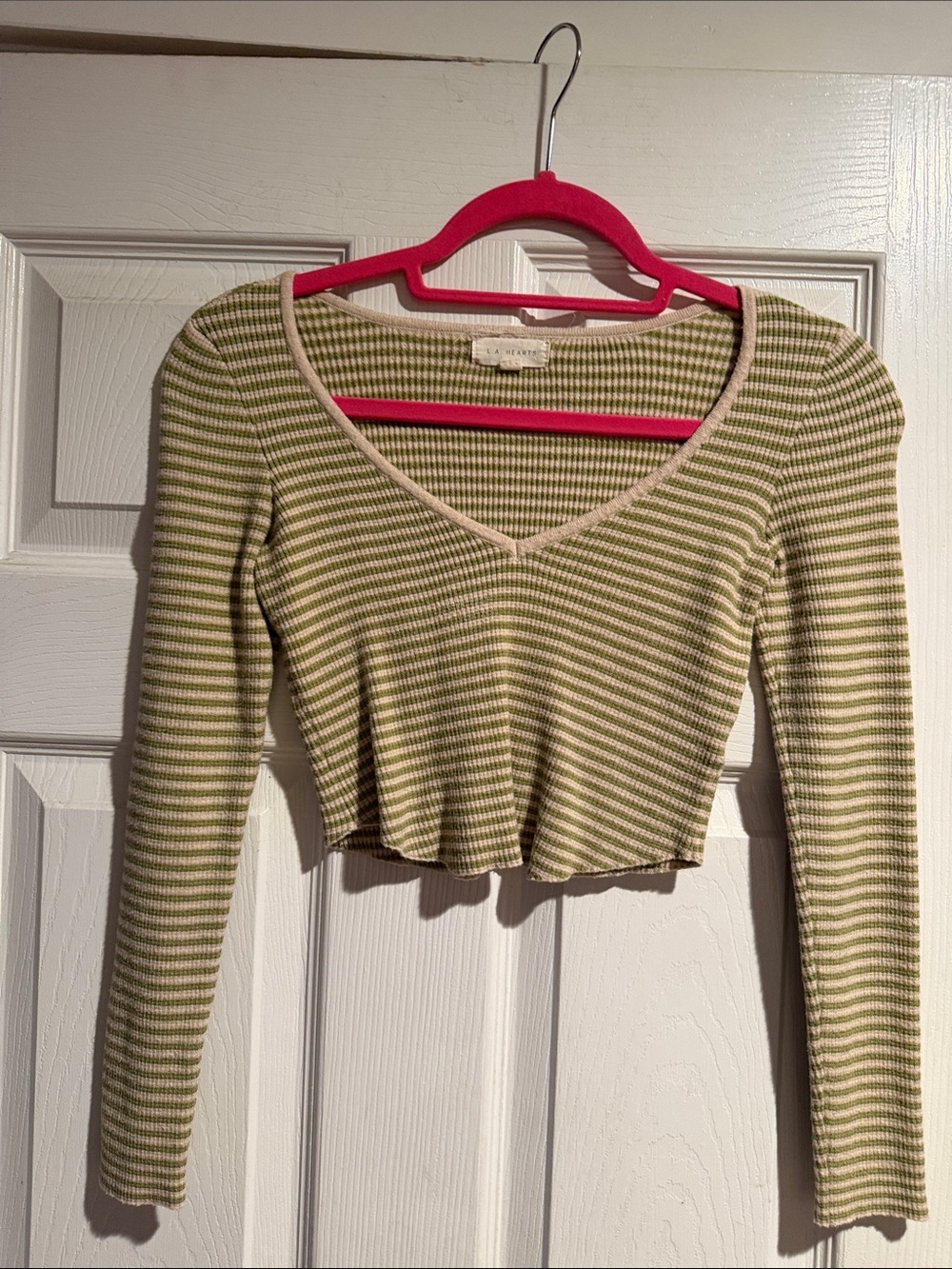 La Hearts Olive Green & Cream Striped V-Neck Crop Top